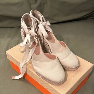 Castaner Beige Canvas Espadrille Wedge Tie-Ankle Shoes